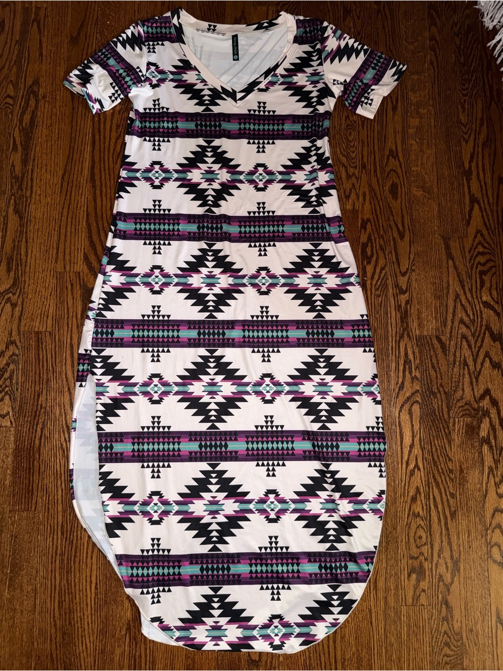 V-Neck Aztec Print Maxi Dress in White, Black & Purple